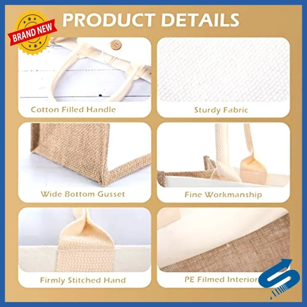 Reusable Jute Canvas Tote Bags Bulk DIY Blank Burlap Beach Shopping Grocery